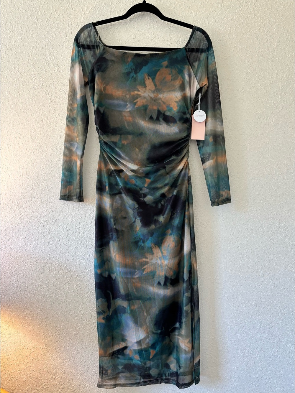 Long-Sleeve Floral Mesh Midi Dress in Teal and Taupe